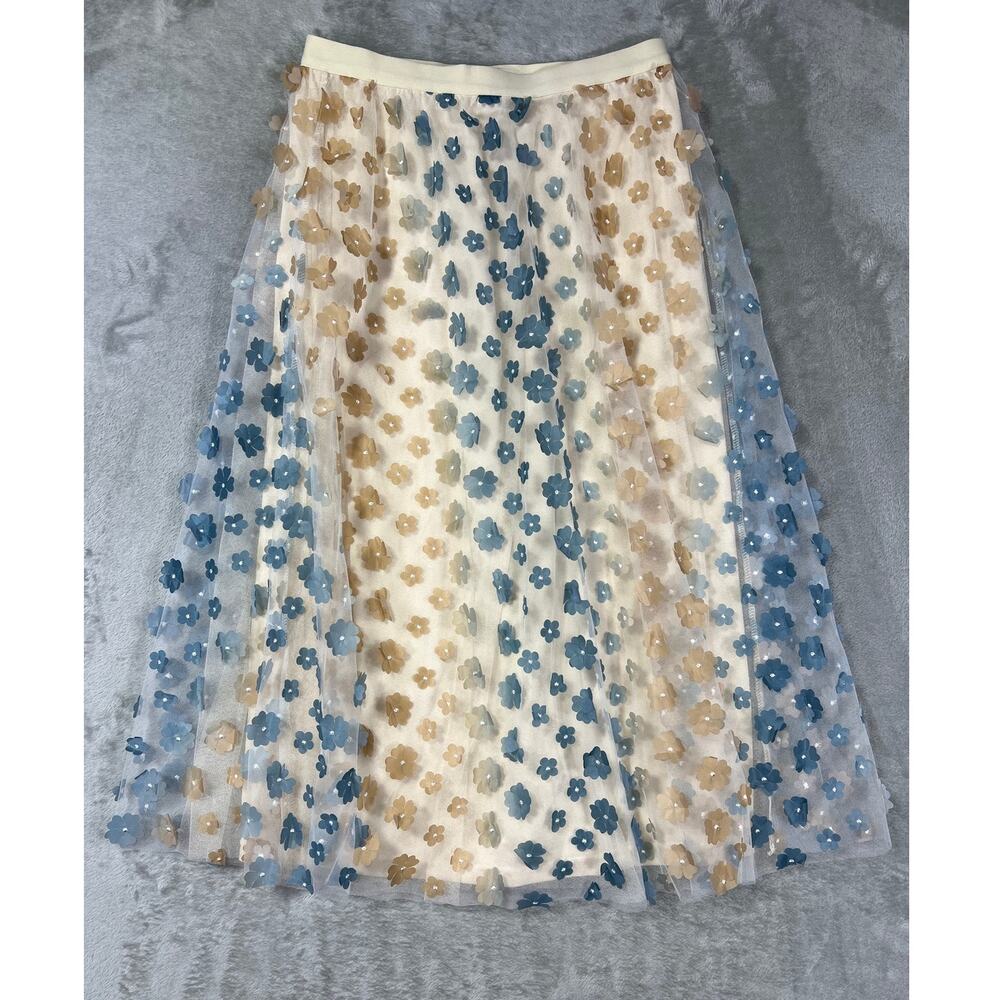 Floral Sheer Lace Overlay Long Midi Skirt Maxi Boho Cream Blue Cottagecore Small - Picture 3 of 7